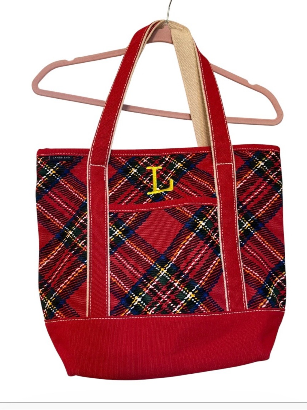 Lands’ End Red Tartan Plaid Canvas Tote Bag Christmas Holiday L Monogram